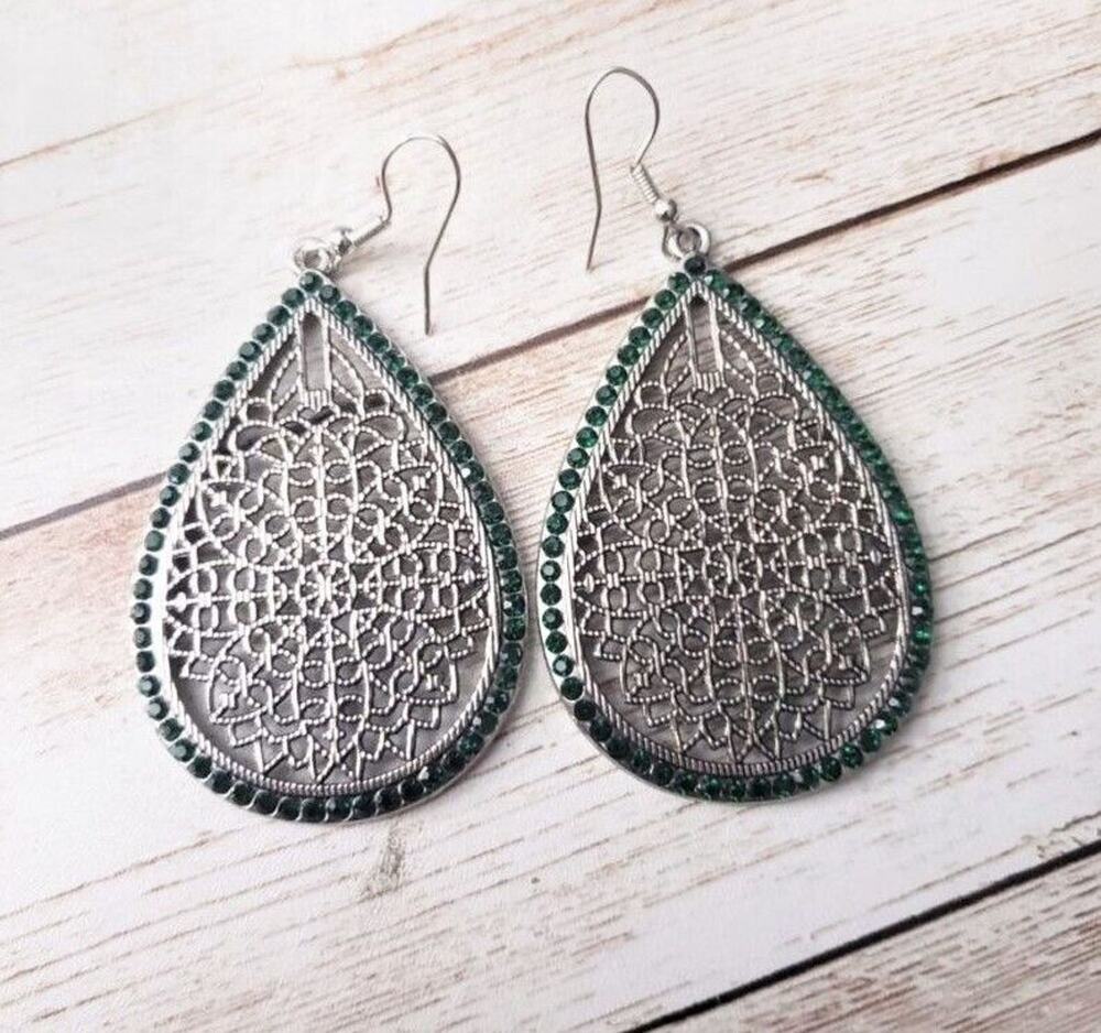 Large Silver Tone Ornate Dangle Earrings with Green Gems - Pierced Ears